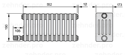 Схема (чертеж) Радиатор Zehnder Charleston 5019/12 №V003 Белый глянцевый RAL 9016